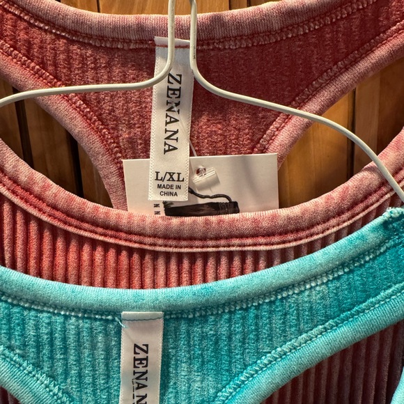 Zenana Ribbed Racerback Crop Tanks - Teal & Dusty Rose Duo - Picture 2 of 5
